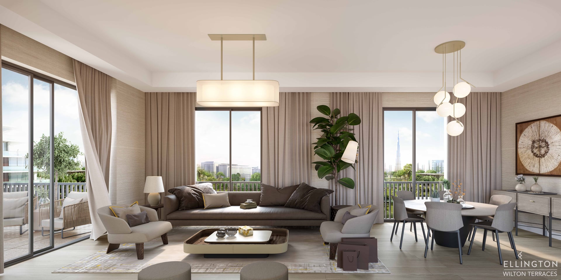 Modern interieur van een Dubai appartement met loungeruimte