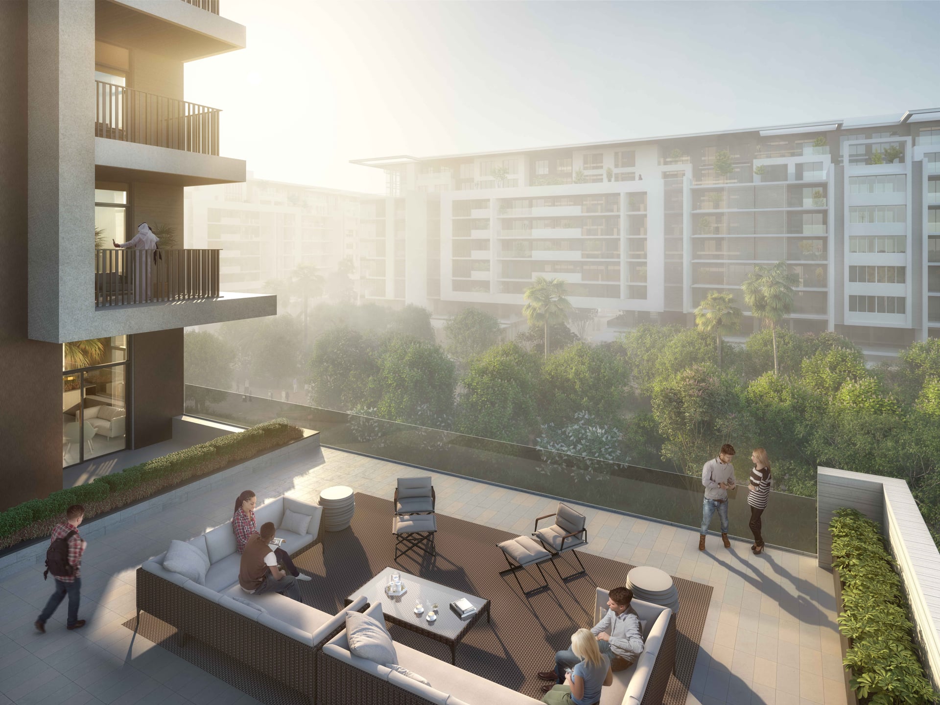 Groene parkomgeving rond een Dubai appartementencomplex