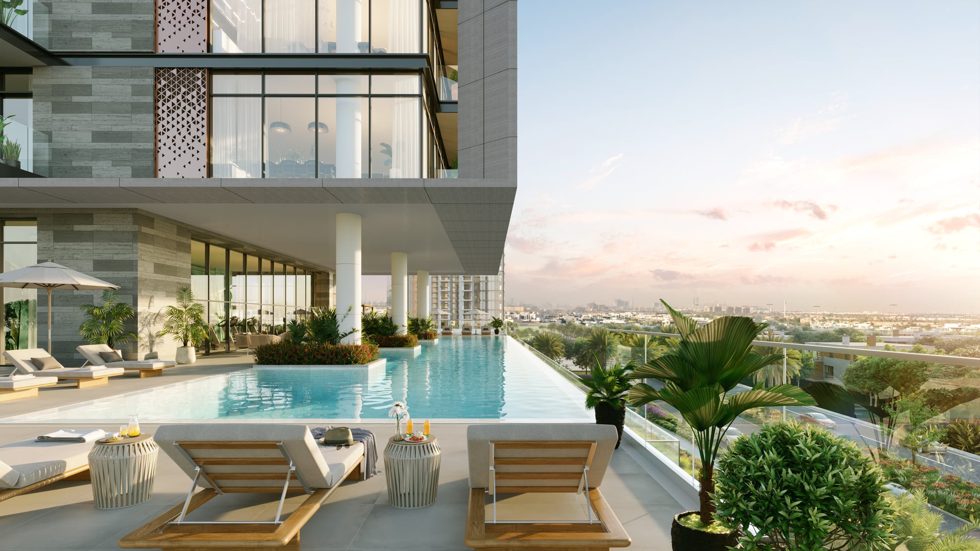 Dakterras met infinity pool van een luxe Dubai appartementencomplex
