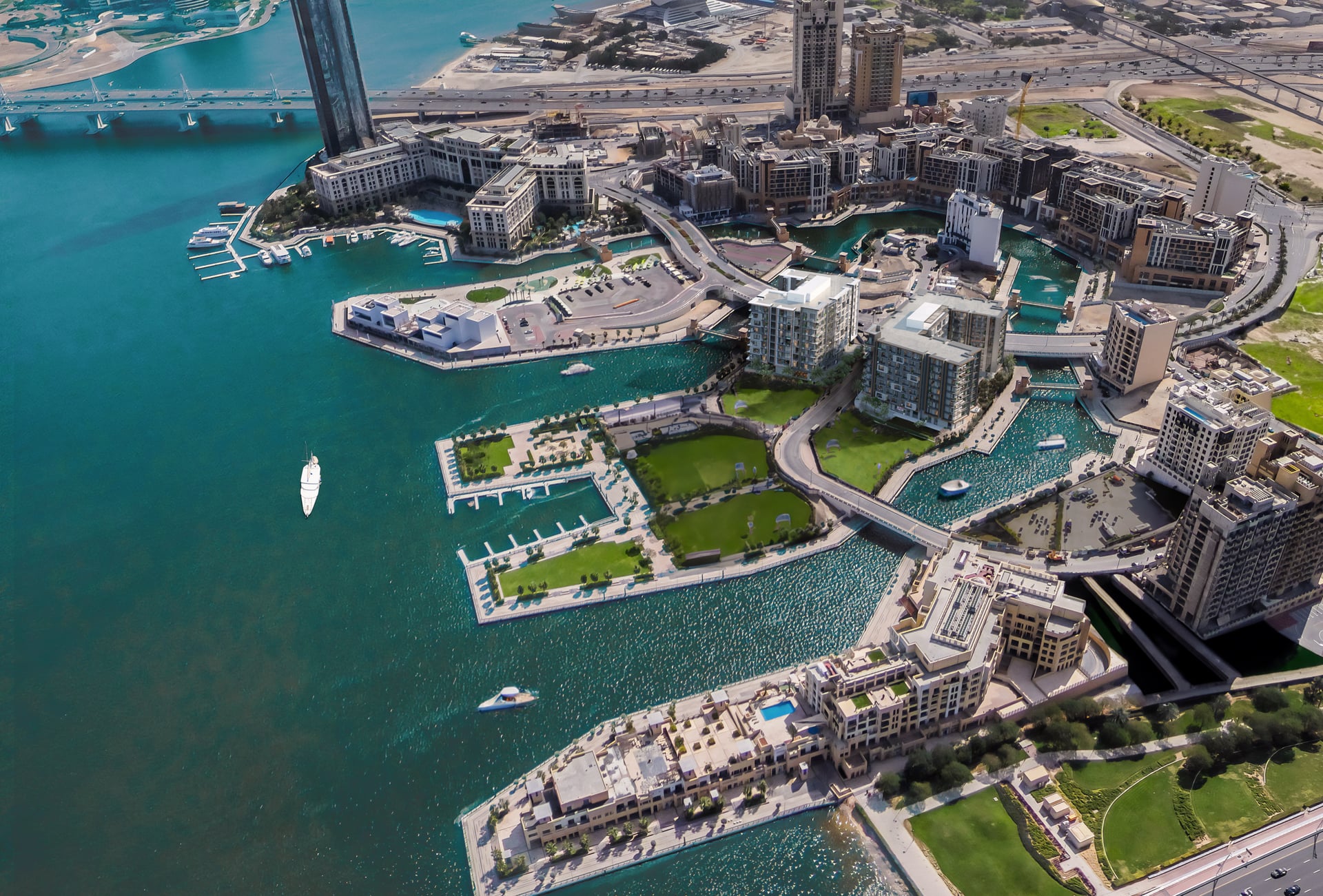 Luchtfoto Dubai freehold zone met appartementencomplex en waterfront