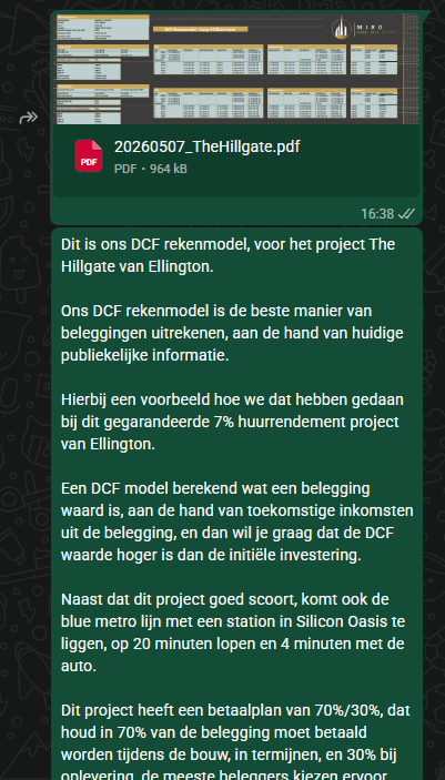 Voorbeeld van een WhatsApp-bericht uit de MIRO investeerderscommunity met DCF-analyse van Ellington The Hillgate